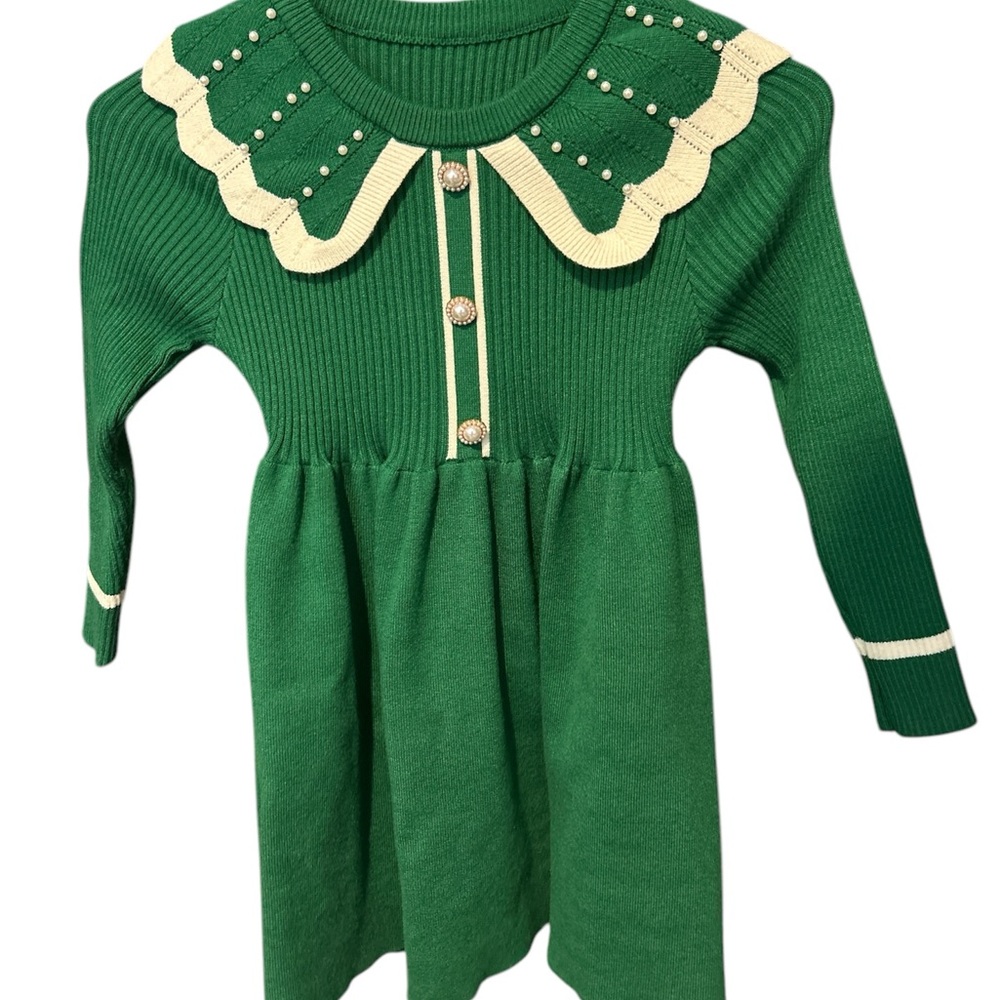 Green Knit Dress with Cream Collar